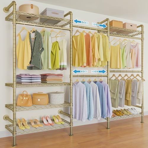 Timate F3 Garment Rack Heavy Duty Clothes Rack for Hanging Clothes, Expandable Industrial Pipe Wall Mounted Clothing Rack, Adjustable Storage Wardrobe Closets Kit Walk in Closet Systems, Gold - color: Gold, size: F3