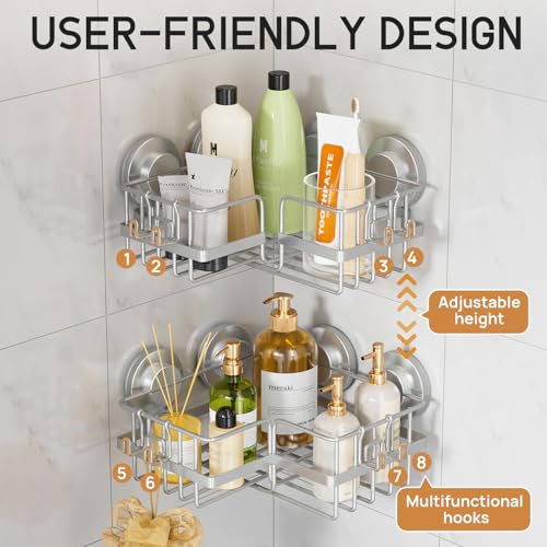 LEVERLOC Corner-adaptive Suction Cup Shower Caddies 2 Pack, Stainless Steel Rustproof Corner Shower Shelf, Large Capacity Removable Suction Cup Bathroom Organizer, Drill-Free Wall Mounted Basket, Gray - style: Corner Caddy, Grey