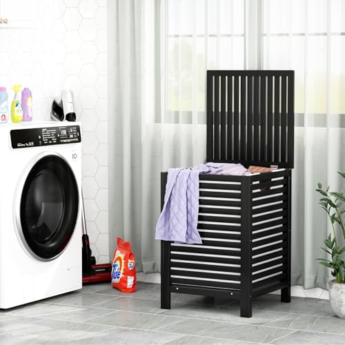 Homykic Bamboo Laundry Hamper with Lid, 120L Large Clothes Laundry Sorter with Removable 2-Section Liner Bag, Raised Laundry Basket Organizer for Clothing, Bathroom, Bedroom, Laundry Room, Black - color: Black