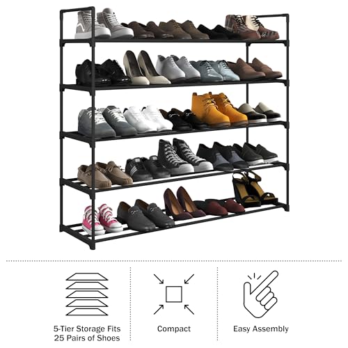 Home-Complete Shoe Rack - 5-Tier Shoe Organizer for Closet, Bathroom, Entryway - Shelf Holds 25 Pairs Sneakers, Heels, Boots (Black) - color: Black, size: 5-Tier