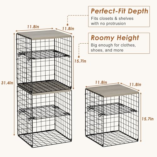 4-Tier Stackable Closet Organizers and Storage, Adjustable Dividers & Wood Top Storage Shelves for Clothes, Wardrobe & Closet Storage Basket Bins/Cube, Space-Saving Closet Organizer System, Black - color: Black