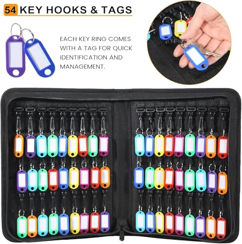 Portable Zippered Key Organizer, Waterproof Fireproof Key Case with 54 Key Hooks and Tags,Portable Key Storage for Rental Management Real Estate Sales Hotel Executives and Car Service(54 keys) - size: 54 keys