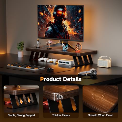Monitor Stand - 24 Inch Wood Monitor Stand Riser, 220 Pounds Load Capacity Desk Monitor Riser for Laptop/PC/Printer, Desktop Stands Organizer for Home Office - color: Black Walnut - Black Legs