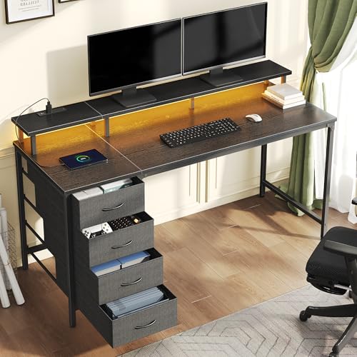 DUMOS Computer Desk with 4 Drawers,4 Drawer Gaming Desk with Power Outlets and LED Lights,Office Desk for Small Spaces with Monitor Shelf,Writing Desk for Home Office, Bedroom,Study 39 Inch Black - color: Black, size: 40-In