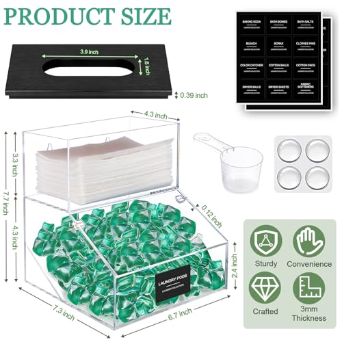 2 in 1 Dryer Sheet Holder & Laundry Pods Container, Laundry Detergent Organizer Container with Lid, Acrylic Laundry Room Organization Storage Containers with Labels, Dishwasher Pod Holder - color: Black - New 2