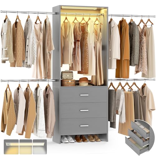Aheaplus Closet System with Motion-Sensing Light, 3 Wooden Drawers and 4 Hanging Rods, Customizable Walk-in Closet Organizer with 3CCT LED, Heavy Duty Garment Rack for Bedroom,Grey - color: Grey, size: With Light