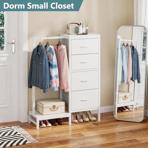 HIGDBFE Tall Dresser 44''H with Hanging Rack, 4 Drawers Small Closet Dresser for Bedroom, Reversible Fabric Chest of Drawers with Clothes Rack, Tall Storage Tower, Sturdy Frame, White - color: White