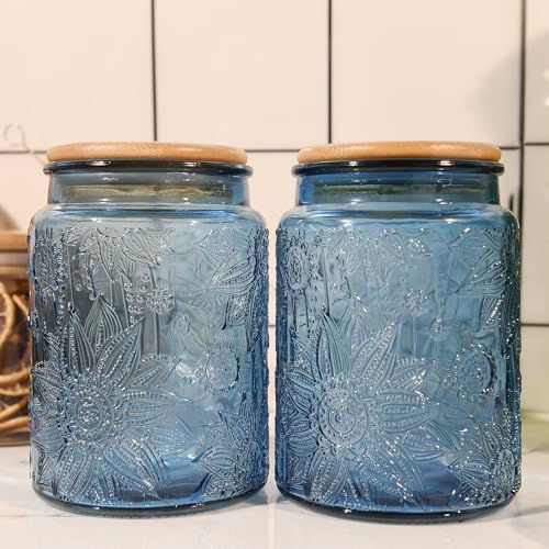 Custde Glass Storage Jars With Airtight Lid, 23.7oz Canister For Kitchen Counter with Bamboo Lid, brown sugar, candy, coffee, cookie, salt, tea,pantry cute Jar (Blue 2-Pack, 23.7 fl oz) - color: Blue 2-Pack, size: 23.7 fl oz