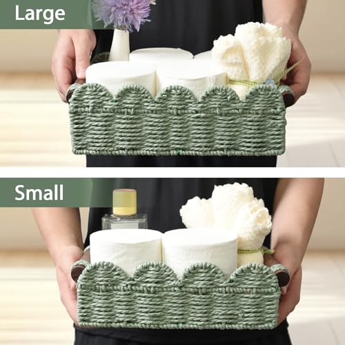 Set of 2 Toilet Paper Storage, Handwoven Small Scalloped Basket with Built-in Handles, Wicker Basket for Home, Living Room(Green) - color: Green