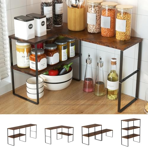 Golener Countertop Organizer Corner Shelf, 2 Tier Adjustable Stackable Corner Shelves for Kitchen, Bathroom, Spice Rack, Coffee Area, Over Sink, Dresser Table, Corner Counter Shelf Stand, Rustic Brown - color: Rustic Brown, size: Large Modern