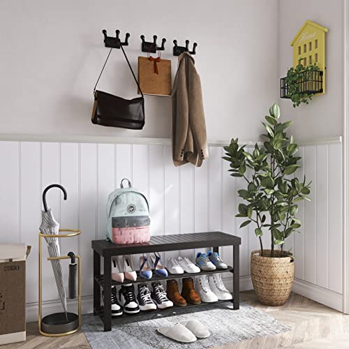 SMIBUY Bamboo Shoe Rack Bench, 3-Tier Shoe Organizer Storage Shelf for Entryway Hallway Bathroom Living Room (Black) - color: Black