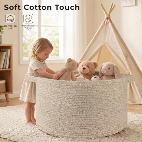 OIAHOMY 90L Blanket Basket for Living Room, Large Basket 23" x 23" x 13" with Handle, Laundry Hamper for Blankets, Pillows, Toy Storage for Kids, Dogs - Brown - color: Brown, size: 23" x 23" x 13"