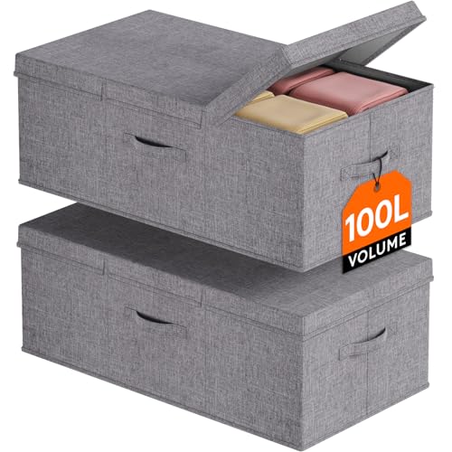 Lifewit 100L Under Bed Storage Containers, 11.8 Inch Tall Underbed Clothes Storage Organizer Bin with Sturdy Sidewalls, Bottom, 3 Lids, Deep Storage Drawer for Clothes, Shoes, Blankets, Pillows 2 Pack - size: 100L