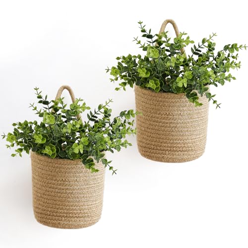 Dahey 2 Pack Wall Hanging Rope Basket (6.5"W×7"H) with Artificial Eucalyptus, Jute Woven Storage Organizer Flower Plants Basket Farmhouse Rustic Wall Decor for Porch Living Room Bedroom Entryway,Brown - size: 6.5"W×7"H