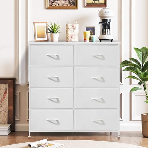 8-Drawer Dresser for Bedroom, Anti-Tip Tall Storage Organizer Chest of Drawers with Wooden Top and Metal Frame Fabric Bins for Closet, Living Room, Hallway, Entryway, White - color: White, size: 11.8"D x 31.4"W x 36.3"H (8 Drawers)