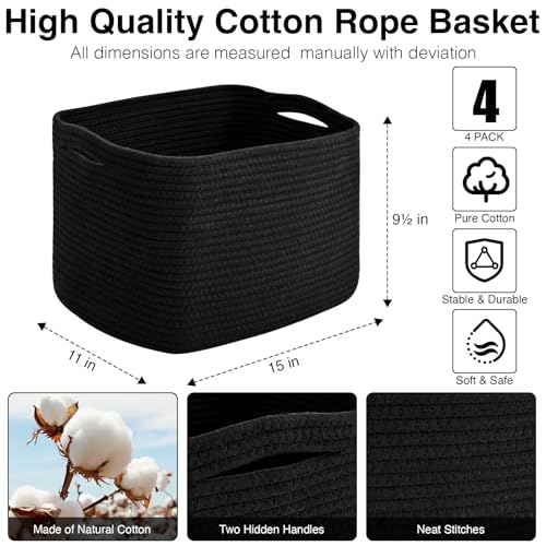 ICERZCZ Storage Baskets for Organizing & Shelves, Woven Cotton Rope Organization Bins for Dog Toys, Clothes, Books, Nursery Organizer, 15" Lx11''Wx9.5''H, (4 Packs) Black - color: Black, size: 15"(L)×11"(W)×9.5"(H)