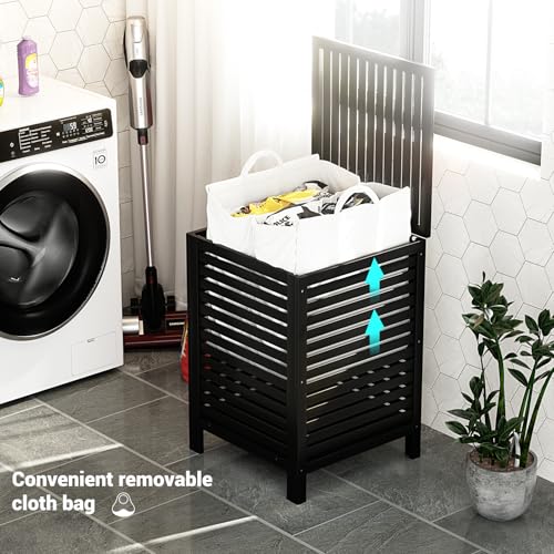 Homykic Bamboo Laundry Hamper with Lid, 120L Large Clothes Laundry Sorter with Removable 2-Section Liner Bag, Raised Laundry Basket Organizer for Clothing, Bathroom, Bedroom, Laundry Room, Black - color: Black