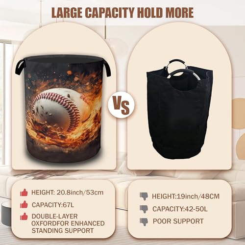 Sport Baseball Ball In Fire Laundry Hamper, Collapsible Laundry Baskets Waterproof Oxford Cloth With Handles,Clothes Storage Bucket Toy Organizer For Bathroom/Nursery/Bedroom 16" x 20.8" - color: Sport Baseball Ball In Fire