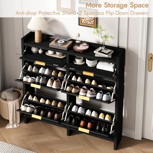 HOKYHOKY Large Rattan Shoe Storage Cabinet with 4 Flip Drawers & 2 Storage Drawers – Hidden Slim Shoe Organizer for Entryway, Large Tabletop Space, Farmhouse Boho Narrow Shoe Rack, Rustic Black - color: Rustic Black, size: 4 Flips