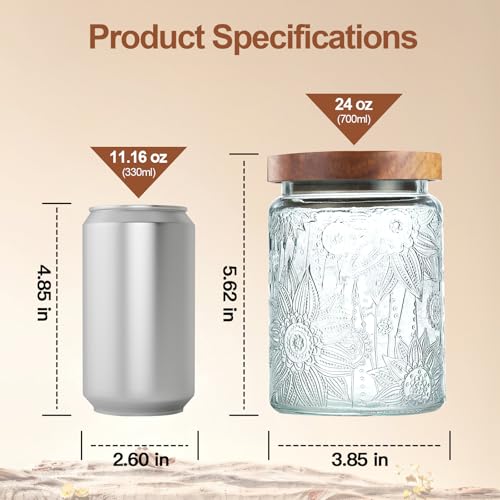 2-Pack 24 OZ Vintage Glass Jar with Lid, Airtight Food Storage Canisters with Bamboo for Kitchen Counter Pantry, Ideal for Coffee, Candy, Tea, Oats, Sugar, Cookies Decorative Jars - color: 24oz-Sunflower+Begonia
