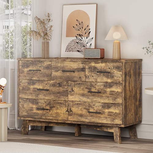 Xixini Dresser for Bedroom with 7 Drawer, Wood Modern Chest of Drawers with X-Shaped Sturdy Base, Wide Double Dresser Closet Clothes Storage Organizer, Wooden TV Stand for Living Room, Hallway, Brown - color: Brown, size: 15.6"D x 47.2"W x 29.5"H (7 Drawe
