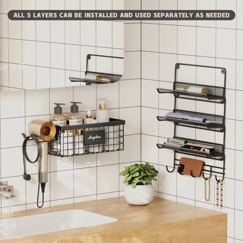 Magheo Hair Dryer Holder Wall Mounted, Adheisve Hair Styling Tool Organizer for hair Brush/Appliance Wall Mount with 5 Tier Shelf Basket Hooks Blow Dryer and Straightener Holder for Bathroom(Black) - color: Black, size: Wall Mount - 1 Pack (5 Tier)