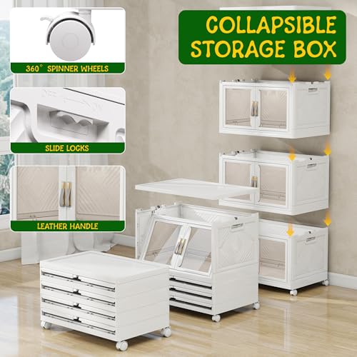 UAMFURI Stackable Storage Bins with Lids, Clear Doors, Large Storage Cabinet Foldable Collapsible Closet Organizers for Bedroom Dorm Office (4, White, 120, Quarts)