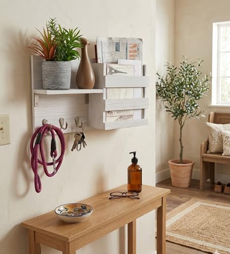 Spiretro Wall-Mounted Key Hooks Holder and Mail Sorter - Rustic Wood White - Entryway Organizer for Letters, Leashes, and Purses - Floating Shelf, 16.5” W x 9.75" H x 4.5” D - color: Rustic Whitewash with Wooden Grain