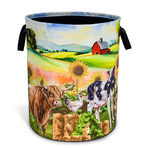 Highland Cow Chicken Farm Laundry Basket Cattle Oxford Cloth Laundry Hamper With Handle Foldable Portable Clothes Storage Basket 18.9 X 16.5 In Storage Bag For Laundry Room/Bathroom/Bedroom/Dormitorie - color: Highland Cow Chicken Farm
