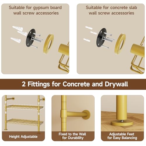L2 Wall Mounted Closet System, Industrial Pipe Clothing Rack Clothes Racks with 2 Telescopic Rod & 6 Shelves, Heavy Duty Closet Organizers System in Wardrobe Closet, Gold - color: Gold