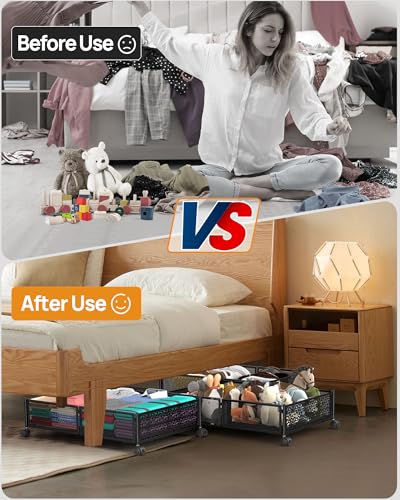 Under Bed Storage With Wheels, 4 Pack Foldable Pattern Carved Metal Under Bed Storage Containers, 60L Rolling Underbed Storage, Easy Assembly Under The Bed Storage for Shoes, Clothes, Blankets... - color: Black, size: 4 Pack