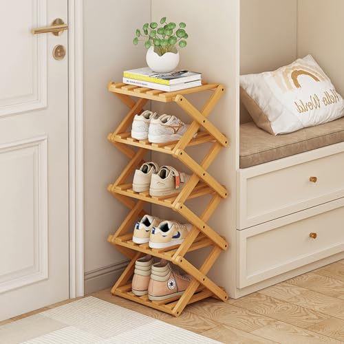 Foldable Shoe Rack, Bamboo Vertical Shoe Organizer Tall for Small Spaces. Multifunctional Narrow Shoe Shelf for Entryway, Closet, Corner, Bedroom, Hallway, Wood Color 5 Layers - color: Wood Color, size: 5 Layers