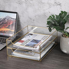 BTSKY 2 Pack Golden Glass Desk Tray, Multi-Purpose Organizer for A4 Paper, Documents, Desk Supplies, Makeup, Clear File Tray with Metal Frame, Stackable Decorative Storage for Home Office Vanity