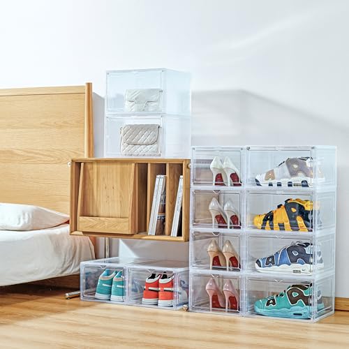 9 Pack X-Large Shoe Storage Box, Thicken&Sturdy with Clear Magnetic Door, Stackable Shoe Organizer with Solid Plastic, Drop Front Shoe Box for Sneaker Display Fit up to US Size 12 - color: Clear, size: X-Large-9Pack