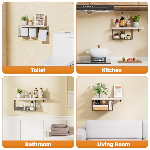 VITVITI Toilet Paper Holder with Shelf, Wall Mounted Toilet Paper Storage Basket, Wood Metal Toilet Roll and Wipes Holder for Bathroom Farmhouse (Natural) - color: Natural