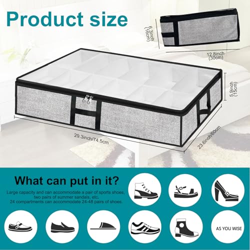 Under Bed Shoe Storage Organizer for Closet 2 Pack- Fits 24 Pairs Underbed Shoes Container Boxes, Light Grey - color: Light Grey-24pairs, style: H-Handle