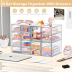 Desk Organizer with 14 Drawers, FODIENS 14 Packs Acrylic Stackable Desktop Storage Drawer Makeup Organizer, Clear Craft Storage Box Cabinets for Office Vanity Countertop Bathroom Bedroom - size: 14 Drawers