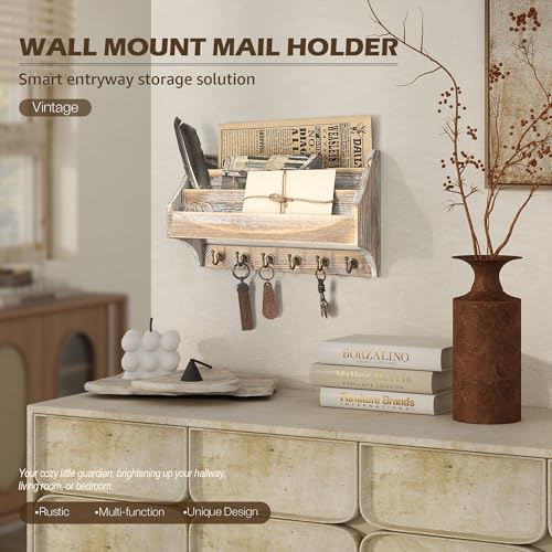 Rebee Vision Pine Wood Rustic Key Holder Wall Mount - Farmhouse 3-Tire Mail Holder with 6 Key Hooks - Multifunctional Wall Organizer for Haning Office Papaer (Natural) - color: Natural