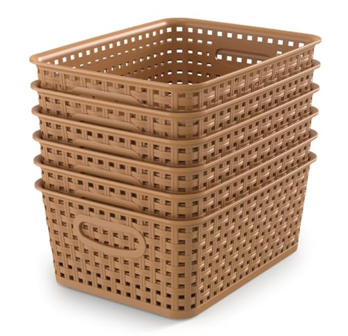WYT 6-Pack Plastic Small Shelf Storage Weave Baskets Organizing for Cabinets and Pantries, Light Brown - color: Light Brown, size: 6-Pack