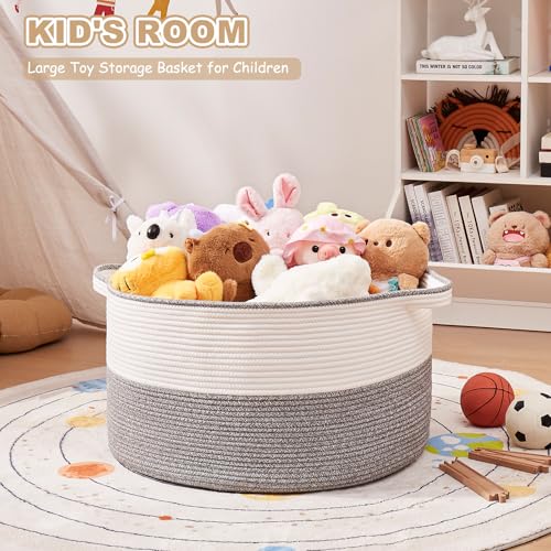 OIASKET Large Blanket Basket with Handles, 22.8" x 22.8" x 13" Woven Storage Basket for Living Room, Cotton Rope Baby Toy Storage for Clothes, Pillows, Towels-Grey and White - color: Grey & White, size: 90L