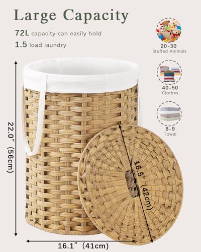 SETVSON Laundry Hamper with Lid Laundry Basket with Lid 19.0 Gal (72 L) Round Wicker Laundry Basket Handwoven Rattan Hamper Removable Bag 2 Mesh Bags Handles for Living Room Bathroom Natural - color: Natural, size: 72L