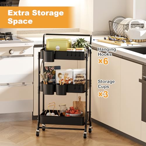 3 Tier Foldable Rolling Cart with Wheels, Folding Utility Cart Organizer, Collapsible Rolling Storage Cart with 3 Hanging Cups & 6 Hooks for Kitchen, Office, Nursery(Black) - color: Black