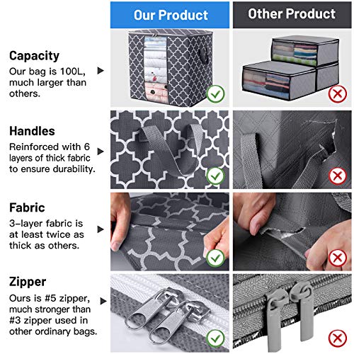 WISELIFE Storage Bags [3 Pack/100L] Large Blanket Clothes Organization and Storage Containers for Comforters,Bedding, Foldable Organizer with Reinforced Handle, Clear Window, Sturdy Zippers,Gray - color: Authentic Grey, size: 3 x 100L