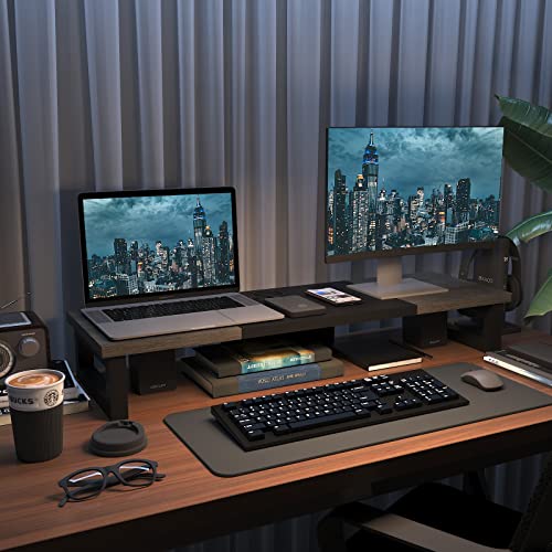 WESTREE Dual Monitor Stand Riser, Wood and Steel Monitor Stand Riser, Computer Monitor Stand for 2 Monitors, Multi-Purpose Desktop Storage Stand for Computer,Laptop,Printer,TV - color: Grey Black