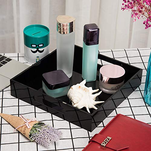 KEVLANG Glossy Black Sturdy Acrylic Serving Tray with Handles-10x10Inch-Serving Coffee,Food,Breakfast,Butler-Kitchen Countertop Tray-Makeup Drawer Organizer-Vanity Table,Ottoman Tray-Decorative Tray - color: Glossy Black, size: 10" x 10" x 2"