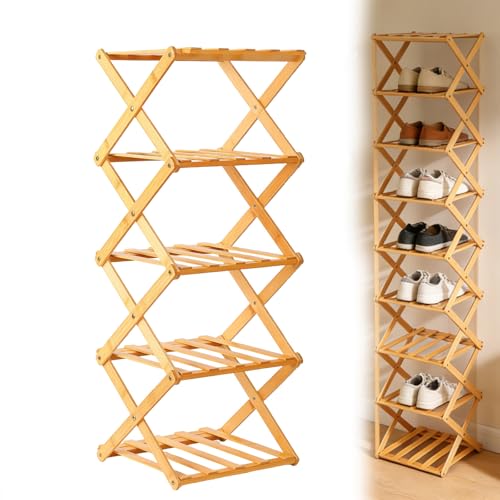 Foldable Shoe Rack, Tier No-Assembly Bamboo Rack, 2026 New Portable Bamboo Corner Shoe Rack, Multifunctional Narrow Shoe Shelf for Entryway, Closet, Corner, Bedroom (5 Layers)