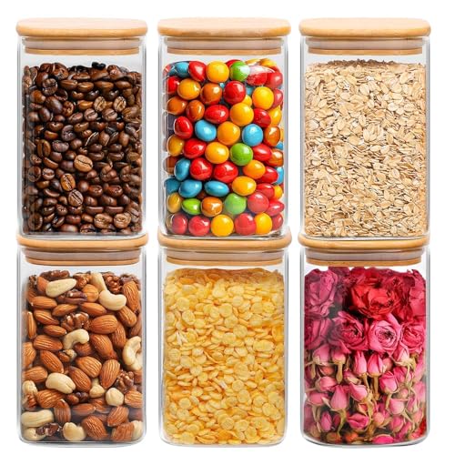 ComSaf 1.2 QT Glass Storage Containers with Lids, Glass Jars with Lids, Clear Food Jar, Square Canister Set of 6, Pantry Organizers and Storage for Cookie Flour Oat Pasta Tea Coffee Bean - size: 1.2Qt*6