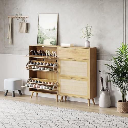MU Natural Rattan Shoe Cabinet, Entryway Shoe Cabinet with 2 Flip Drawers and Hidden Cabinet, Boho Shoe Organizer Cabinet, Wooden Shoe Storage Cabinet for Entrance, Hallyway, Natural - color: Rattan, size: 2 Drawers