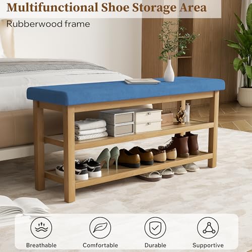 2 Tier Shoe Rack Bench with Cushion, Rubberwood Shoe Benches, Mid-Century Modern Shoe Storage Bench for Entryway, Hallway, Living Room, Closet, Front Door Entrance, Blue - color: Blue