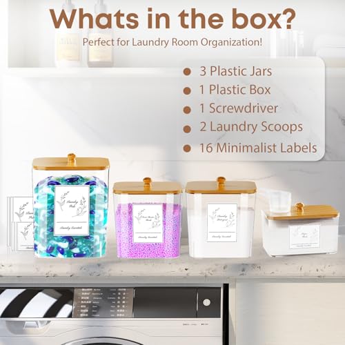 COAZEX 4 Pack Clear Laundry Pods Container & Dryer Sheet Holder, Plastic Square Laundry Room Organization and Storage Jars with Lids, Scoops & Labels for Detergent, Powder, Dryer Balls, Beads - color: B-2+1+1 Pack